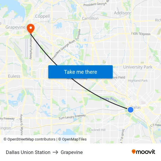 Dallas Union Station to Grapevine map