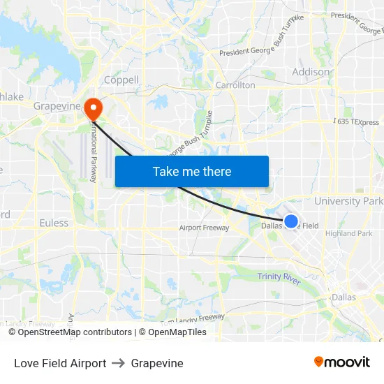 Love Field Airport to Grapevine map
