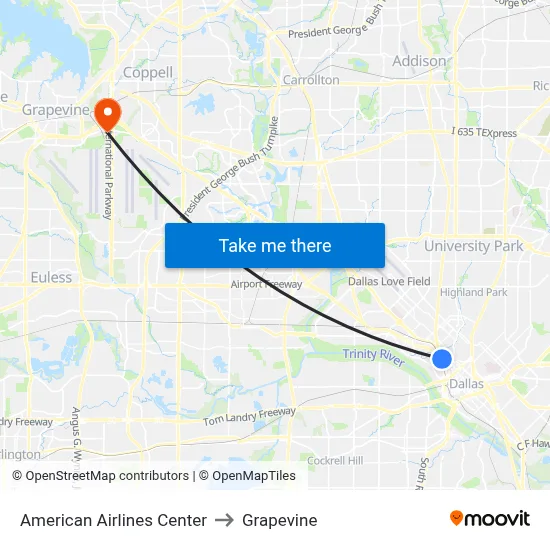 American Airlines Center to Grapevine map