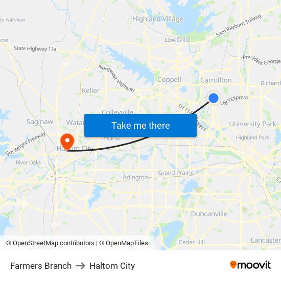 Farmers Branch to Haltom City map