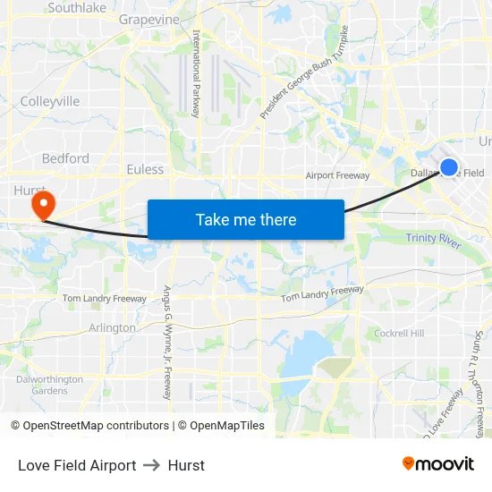 Love Field Airport to Hurst map