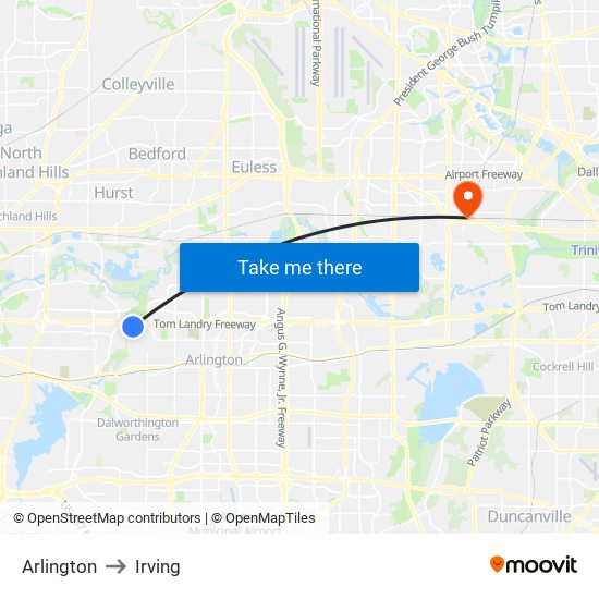 Arlington to Irving map