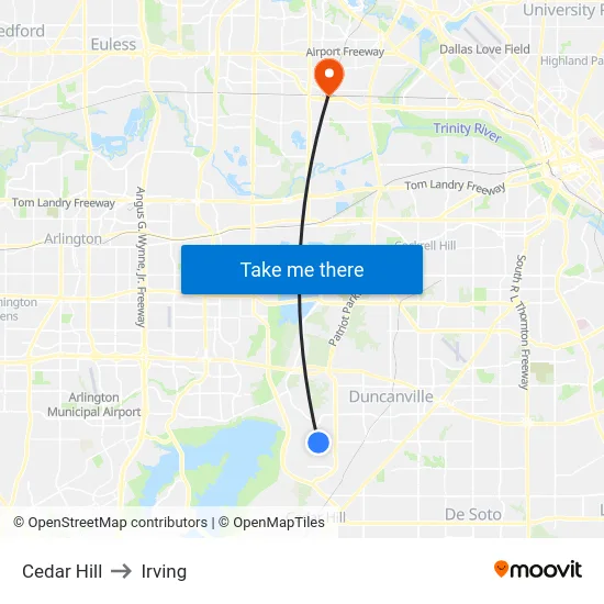 Cedar Hill to Irving map