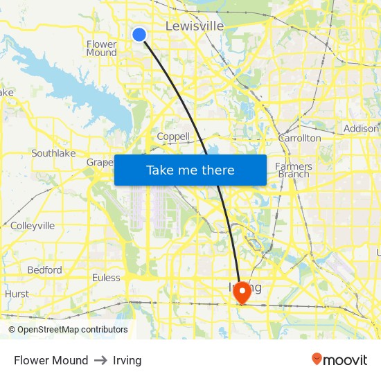 Flower Mound to Irving map