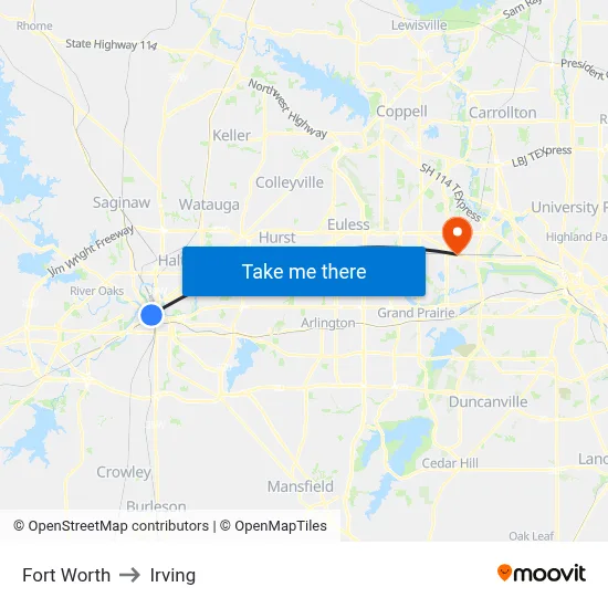 Fort Worth to Irving map
