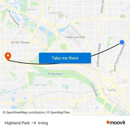 Highland Park to Irving map