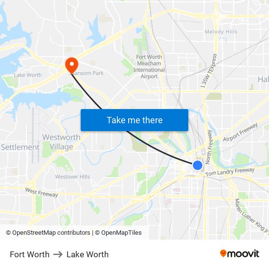 Fort Worth to Lake Worth map