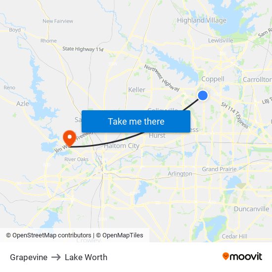 Grapevine to Lake Worth map