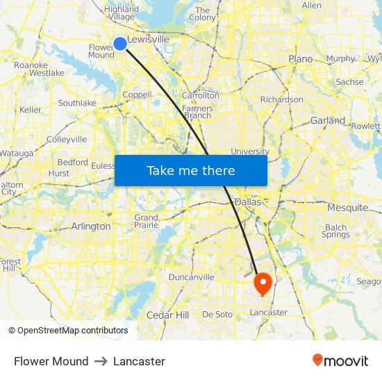 Flower Mound to Lancaster map