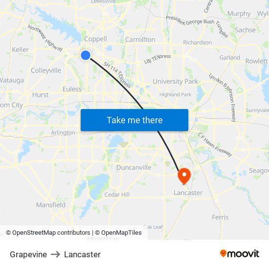 Grapevine to Lancaster map