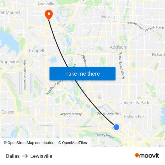 Dallas to Lewisville map