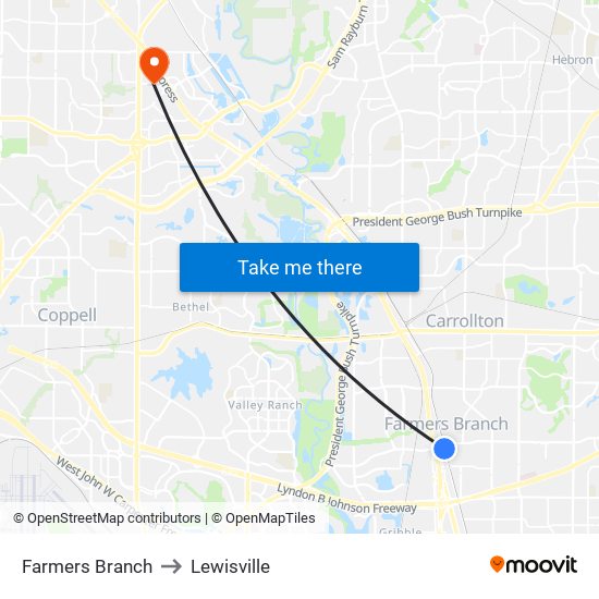 Farmers Branch to Lewisville map