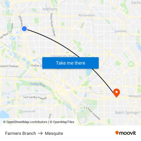 Farmers Branch to Mesquite map