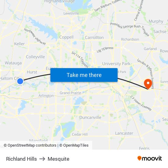 Richland Hills to Mesquite map