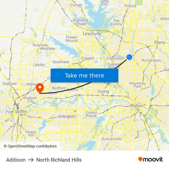 Addison to North Richland Hills map