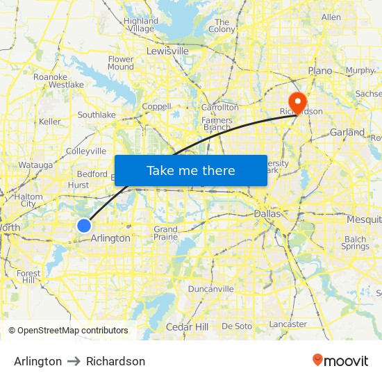 Arlington to Richardson map