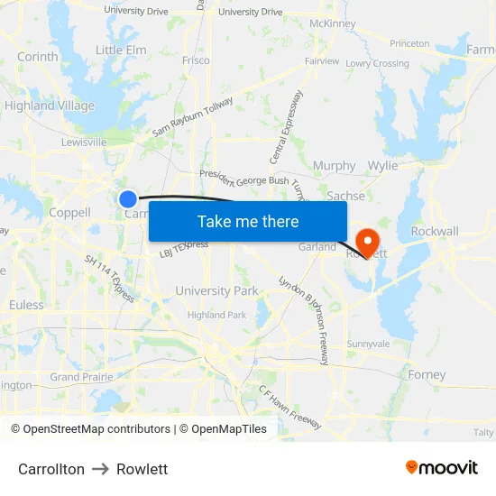 Carrollton to Rowlett map