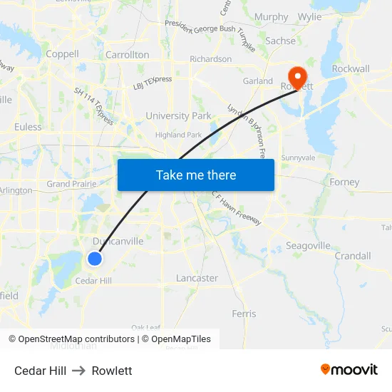 Cedar Hill to Rowlett map