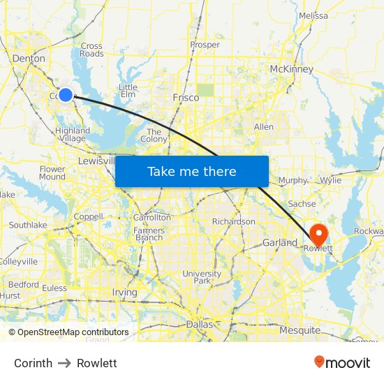 Corinth to Rowlett map