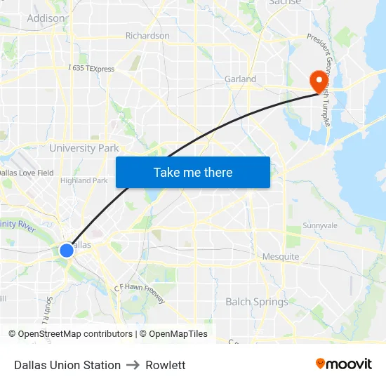 Dallas Union Station to Rowlett map