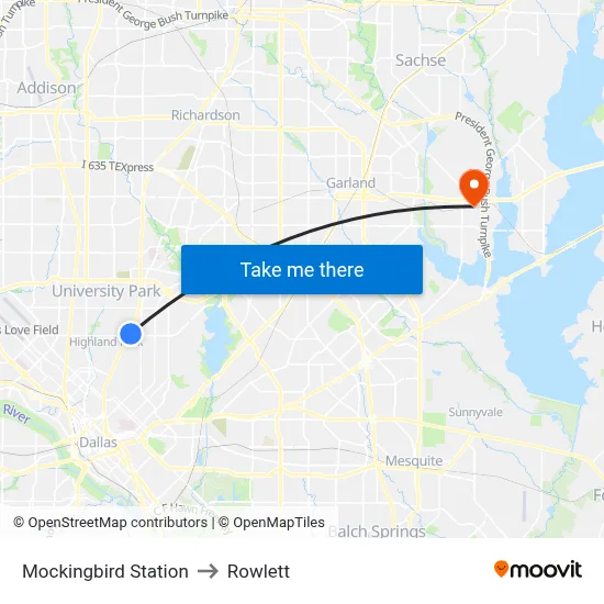 Mockingbird Station to Rowlett map