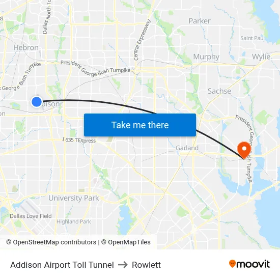 Addison Airport Toll Tunnel to Rowlett map