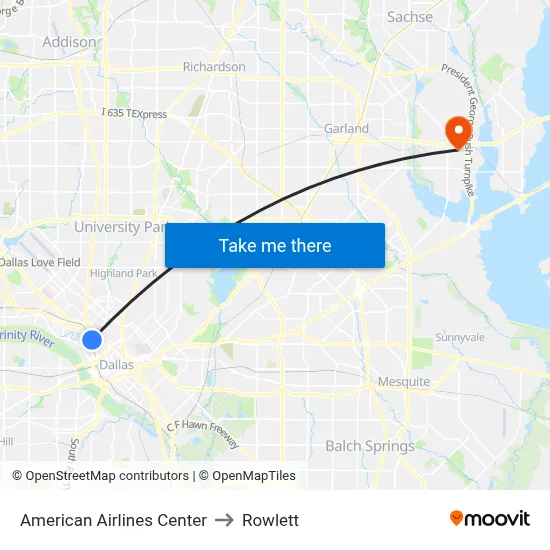 American Airlines Center to Rowlett map
