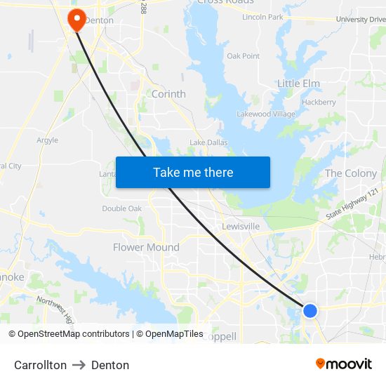 Carrollton to Denton map