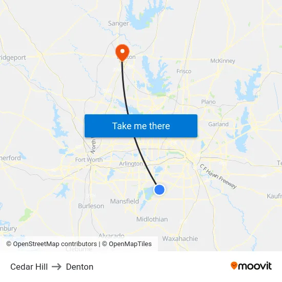 Cedar Hill to Denton map