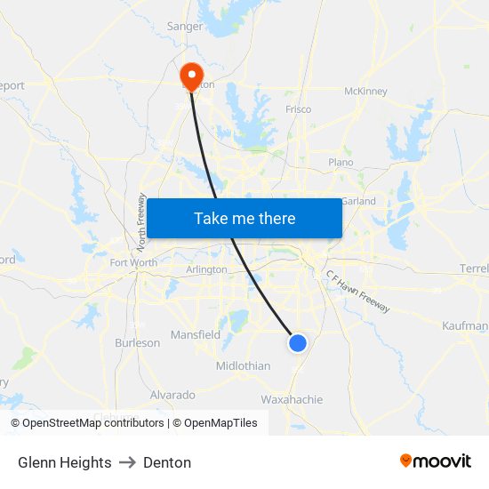 Glenn Heights to Denton map