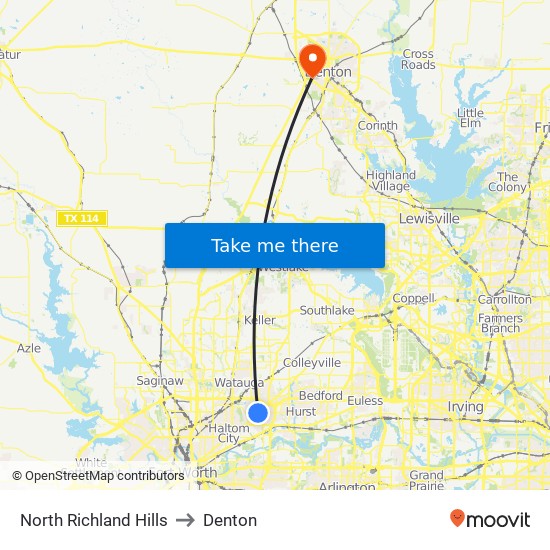 North Richland Hills to Denton map