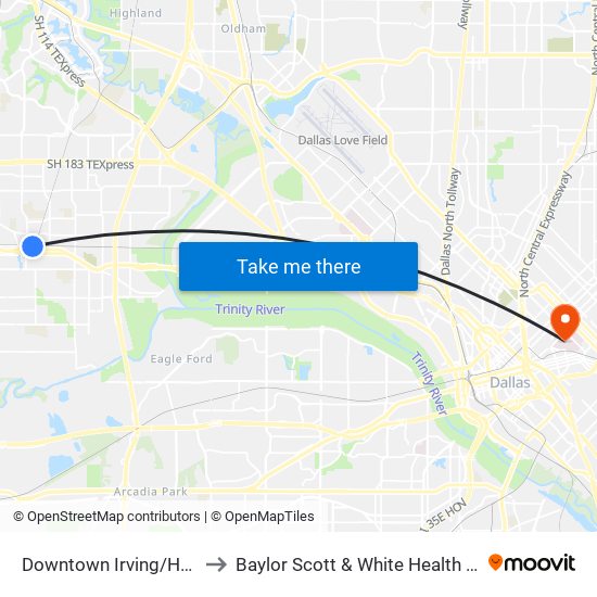 Downtown Irving/Heritage Crossing Station to Baylor Scott & White Health Baylor University Medical Center map