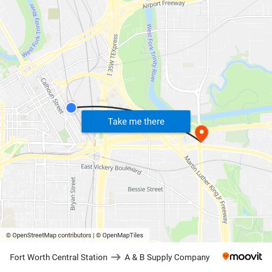 Fort Worth Central Station to A & B Supply Company map