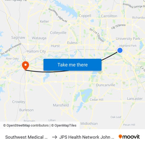 Southwest Medical District/Parkland to JPS Health Network John Peter Smith Hospital map