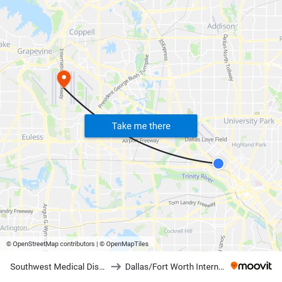 Southwest Medical District/Parkland to Dallas / Fort Worth International Airport map