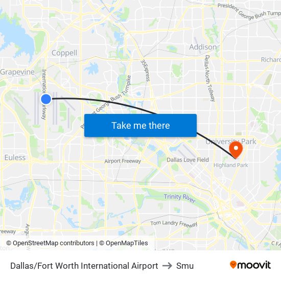 Dallas/Fort Worth International Airport to Smu map