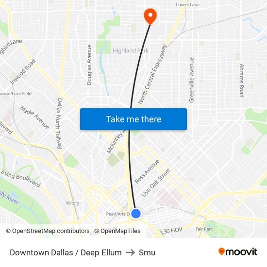 Downtown Dallas / Deep Ellum to Smu map