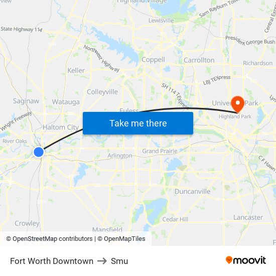 Fort Worth Downtown to Smu map