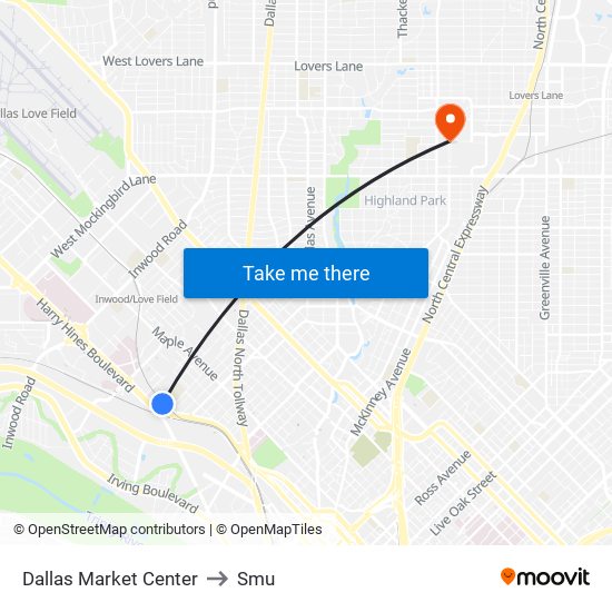 Dallas Market Center to Smu map