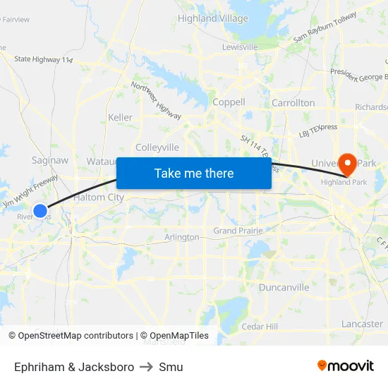 Ephriham & Jacksboro to Smu map