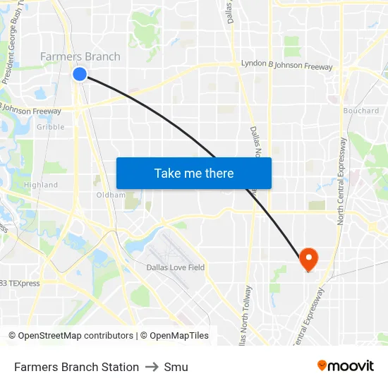 Farmers Branch Station to Smu map