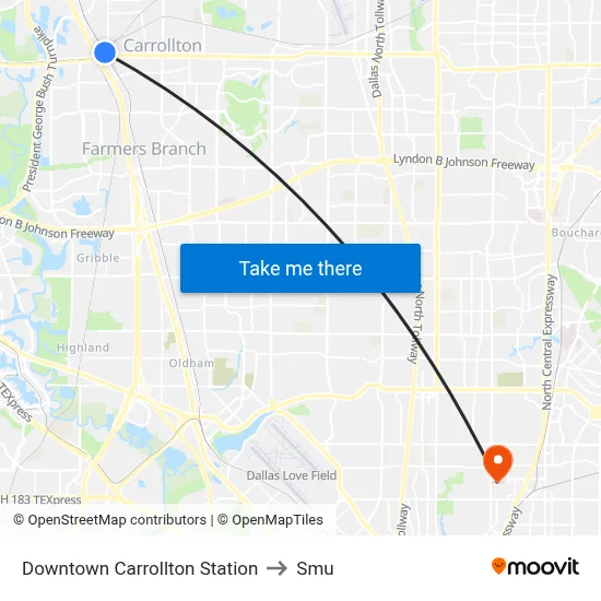 Downtown Carrollton Station to Smu map