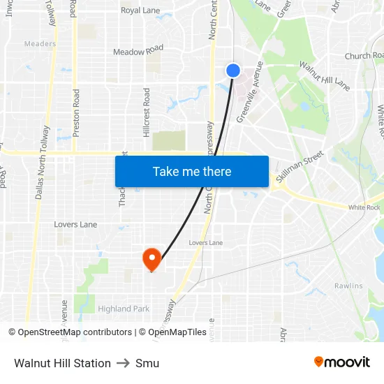 Walnut Hill Station to Smu map