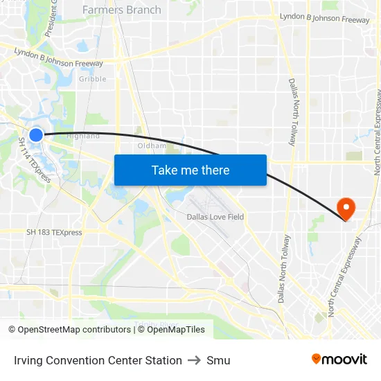 Irving Convention Center Station to Smu map