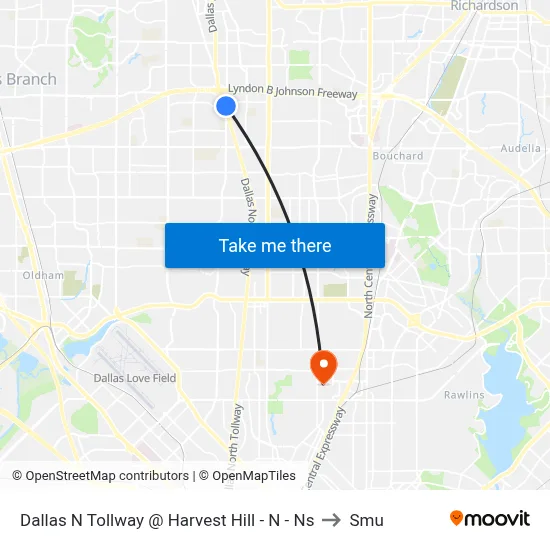 Dallas N Tollway @ Harvest Hill - N - Ns to Smu map