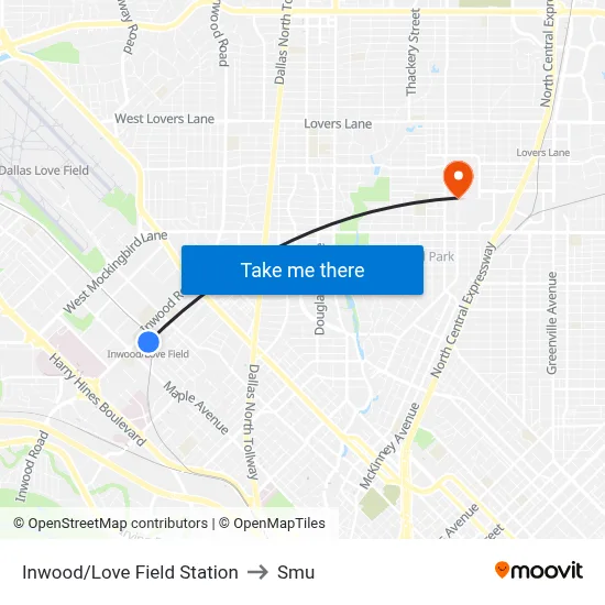 Inwood/Love Field Station to Smu map