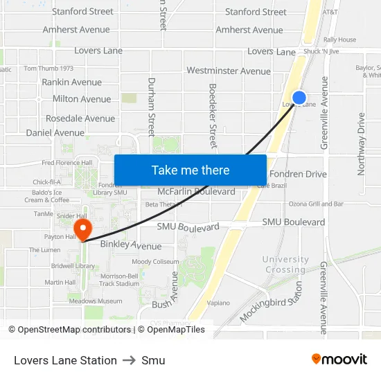 Lovers Lane Station to Smu map