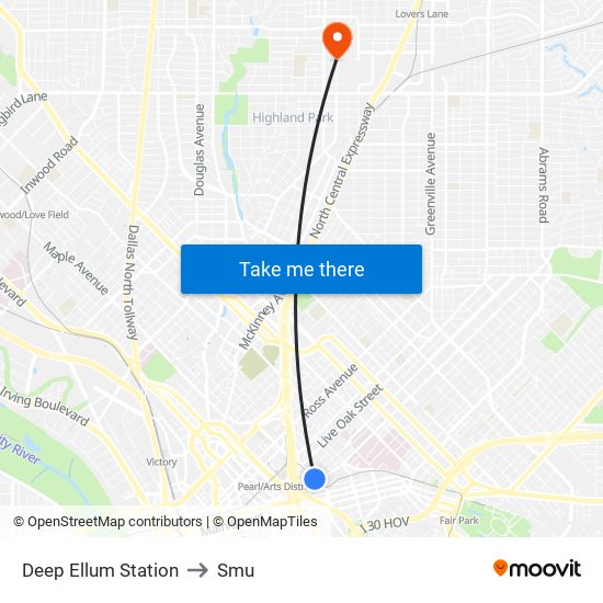 Deep Ellum Station to Smu map