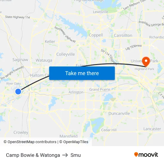 Camp Bowie & Watonga to Smu map