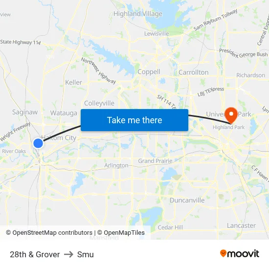 28th & Grover to Smu map